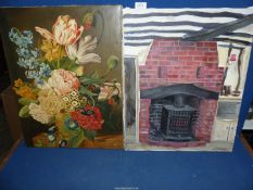 Two unframed Oils on canvas, one of still life signed E.