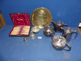 A quantity of plated items including; tea and hot water pots, sifter spoon, cased fish eaters,