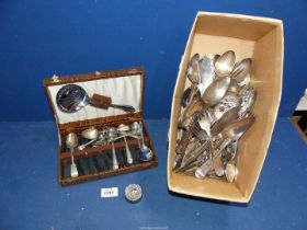 A box of mixed plated cutlery including Audrey silver plated,