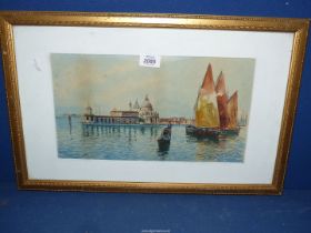A framed and mounted, Ink and watercolour painting of a Venetian Scene,