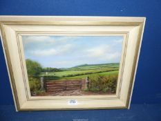 A framed Oil on canvas, initialled lower left KMJ, titled St. Peter Henllys and Rwyn Barklyn, Gwent.