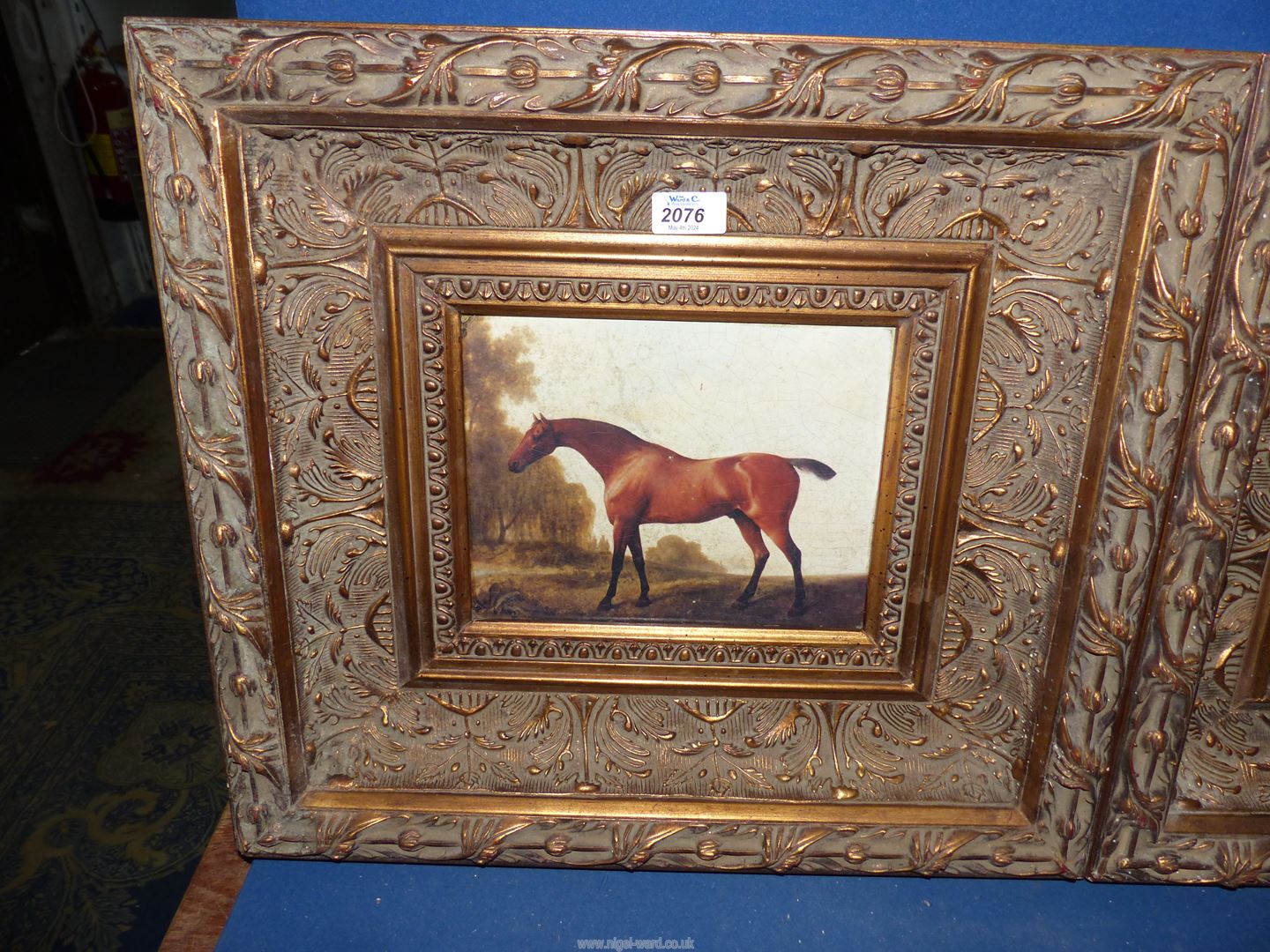 Two large gilt framed Prints on canvas depicting thoroughbred horses one with a mounted jockey. - Image 2 of 3