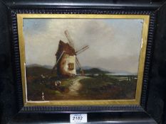 A framed Oil on bard of a windmill, a/f, no visible signature.