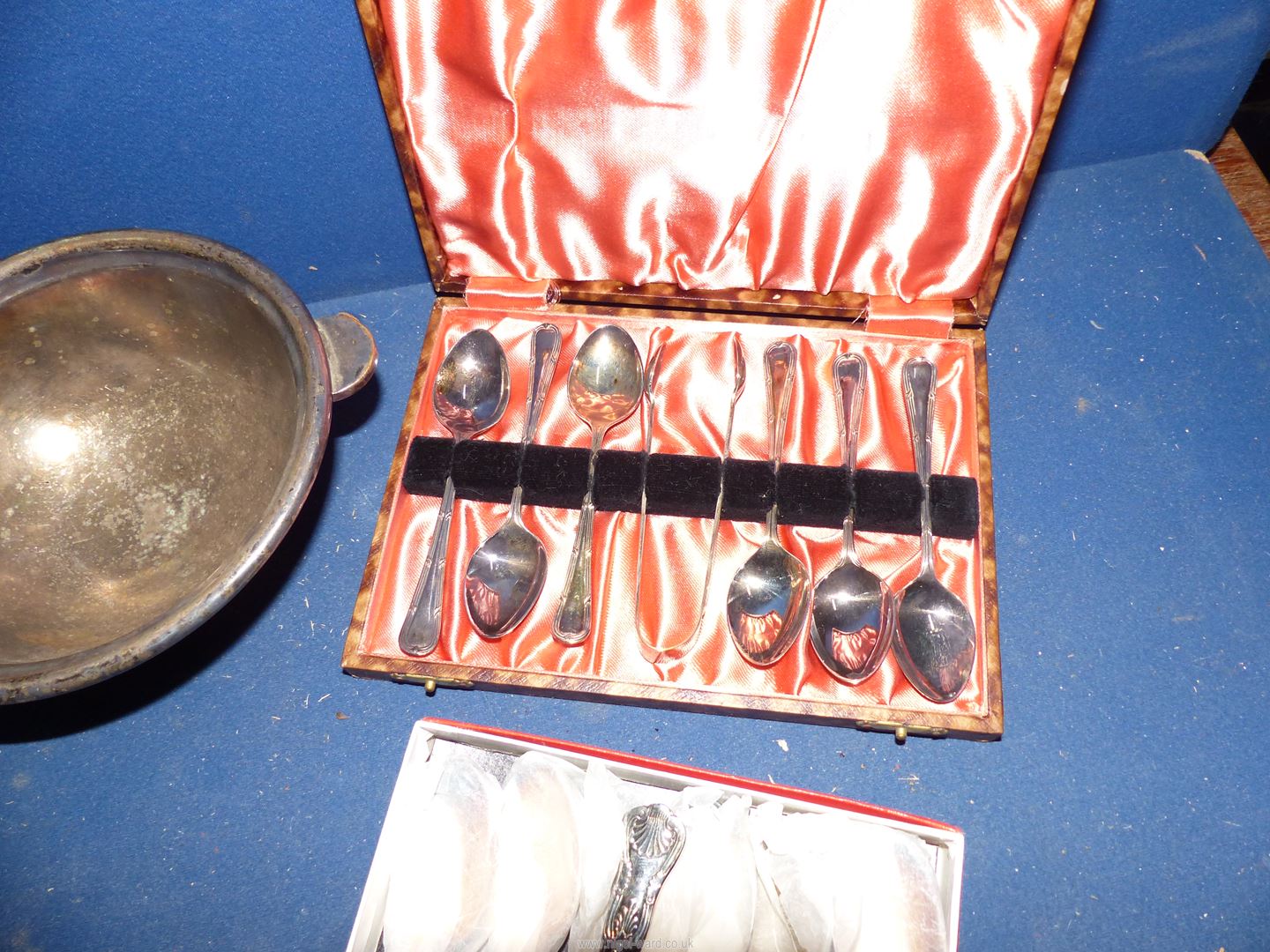 A small box of silver plate cutlery including teaspoons, pair of candlesticks etc. - Image 2 of 5