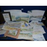 A quantity of unframed watercolours, to include, Seascapes, Huffkins Tea Rooms Burford,