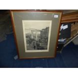 A large Lithograph Print depicting a canal scene in Amsterdam, signed M.