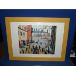 A modern framed Oil painting of a Street Scene in the style of L.S. Lowry, 31 1/2" x 23 1/4".
