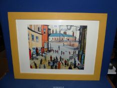 A modern framed Oil painting of a Street Scene in the style of L.S. Lowry, 31 1/2" x 23 1/4".