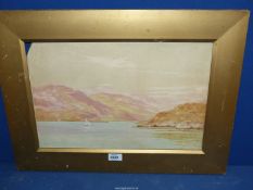 A framed watercolour depicting Sailing Boats on the water with rolling mountains in the distance,