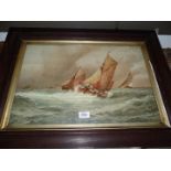 A large oak framed Print of sailing ships, signed F.J. Aldridge, 28 1/2" x 21 1/4".