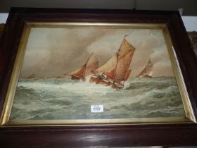 A large oak framed Print of sailing ships, signed F.J. Aldridge, 28 1/2" x 21 1/4".