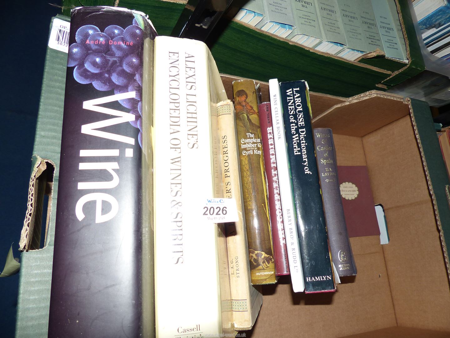A box of books on wine to include Wines & Castles of Spain, Encyclopedia of Wines & Spirits etc.
