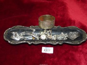A small quantity of costume jewellery on a papier mache and Mother of Pearl tray including; bangles,