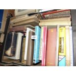 A box of books to include stamps, English historical documents, Book About Books, Basic Bookbinding,
