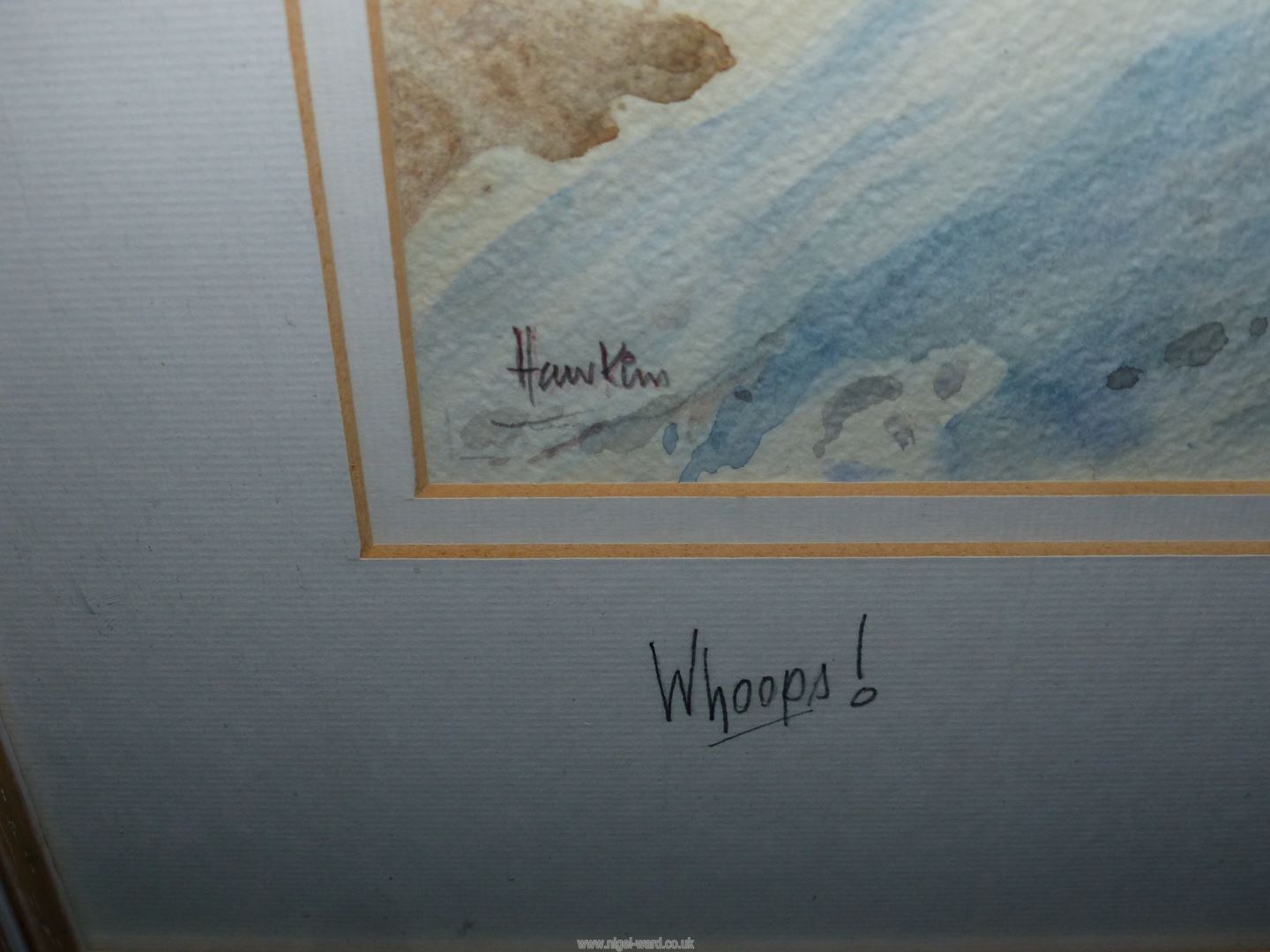 A framed and mounted Watercolour on paper titled 'Whoops!', signed 'Hawkins' lower left, - Image 2 of 2