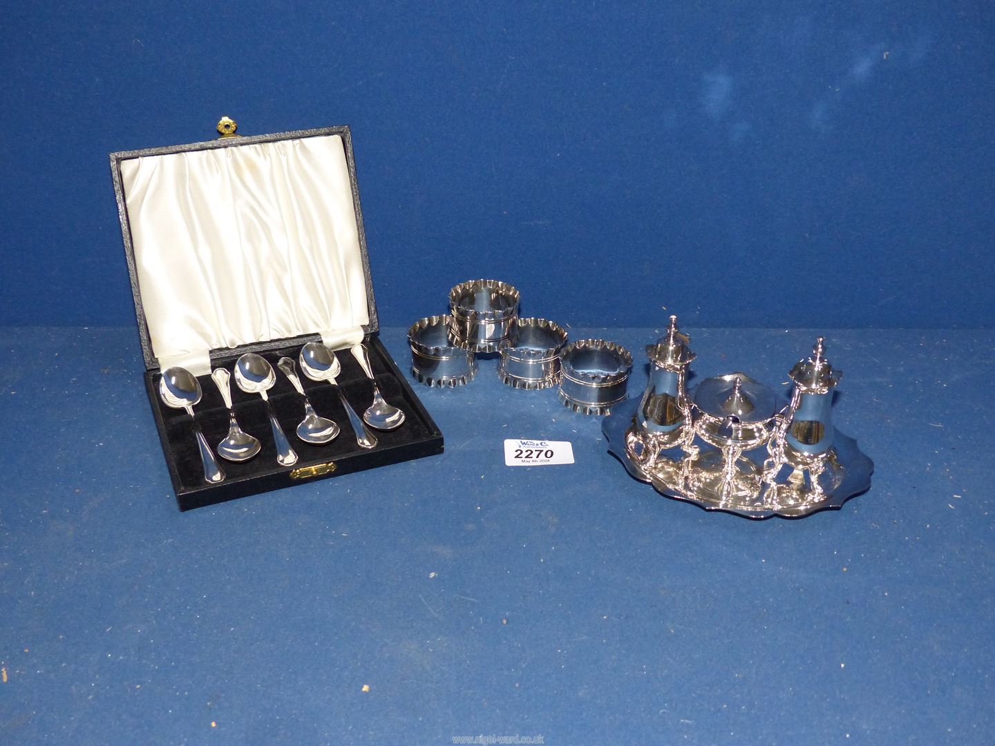 A Viners Epns tray with condiment set, boxed set of 6 Epns teaspoons and four plated napkin holders. - Image 2 of 2
