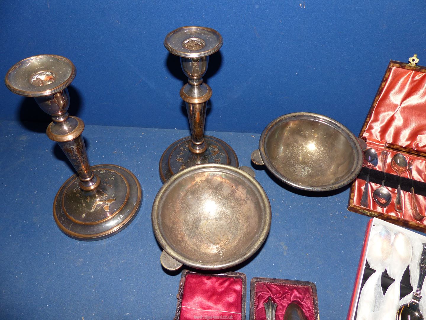A small box of silver plate cutlery including teaspoons, pair of candlesticks etc. - Image 5 of 5