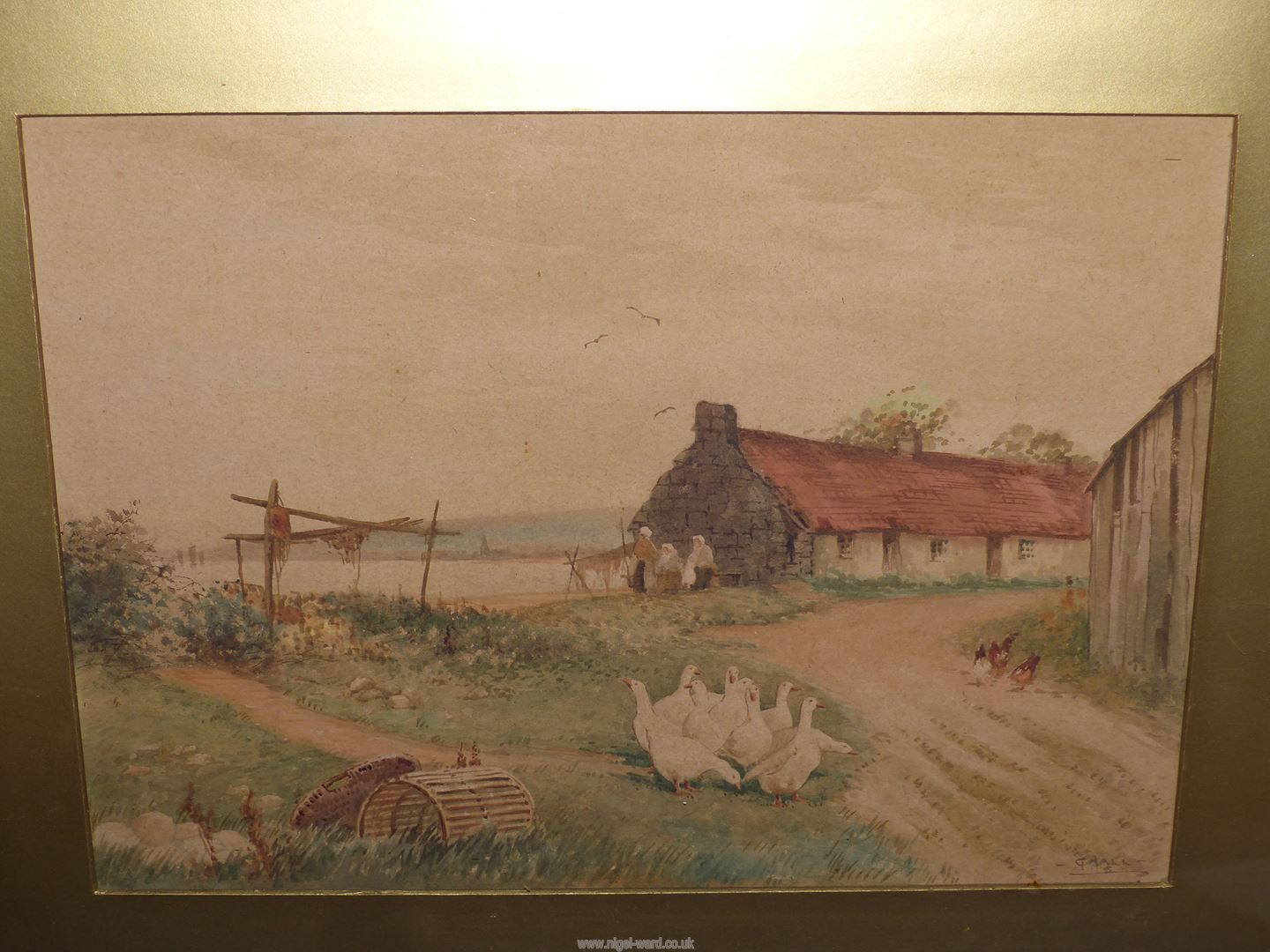 A gilt framed Watercolour depicting a farm yard scene, signed G. Hall, 23 1/4" x 19 1/2". - Image 3 of 3