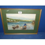 A framed and mounted Watercolour with figures in a Rowing boat, rolling hills in the background.