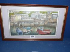 A framed mixed media painting of a Harbour Scene, initialed lower right G.M.R., 18" x 11".