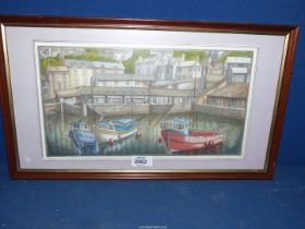 A framed mixed media painting of a Harbour Scene, initialed lower right G.M.R., 18" x 11".