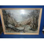 A framed Oil on board depicting trees and tree trunks, 31" x 22 1/4".