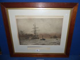 A large oak framed Lithograph 'In Tow' depicting large sailing ship coming into harbour,