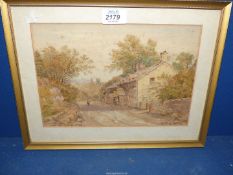 A Watercolour of country cottage with figures, signed R. Shepherd, lower right.