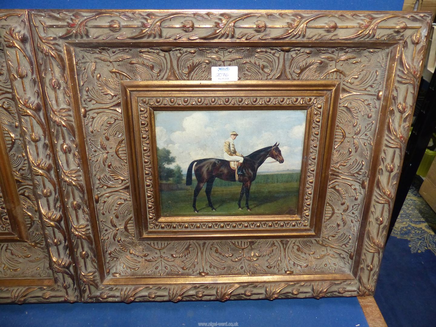 Two large gilt framed Prints on canvas depicting thoroughbred horses one with a mounted jockey. - Image 3 of 3