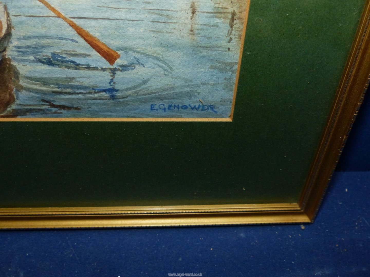 A framed and mounted Watercolour with figures in a Rowing boat, rolling hills in the background. - Image 2 of 2