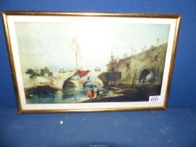 A framed print of a "Town with a Bridge" after Francesco Guardi,