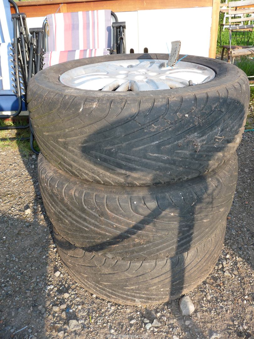 3 Rover Aluminium wheels and tyres 215 / 55 ZR16, part worn. Five stud fixing.