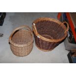 A wicker log basket and a wicker shopping basket.