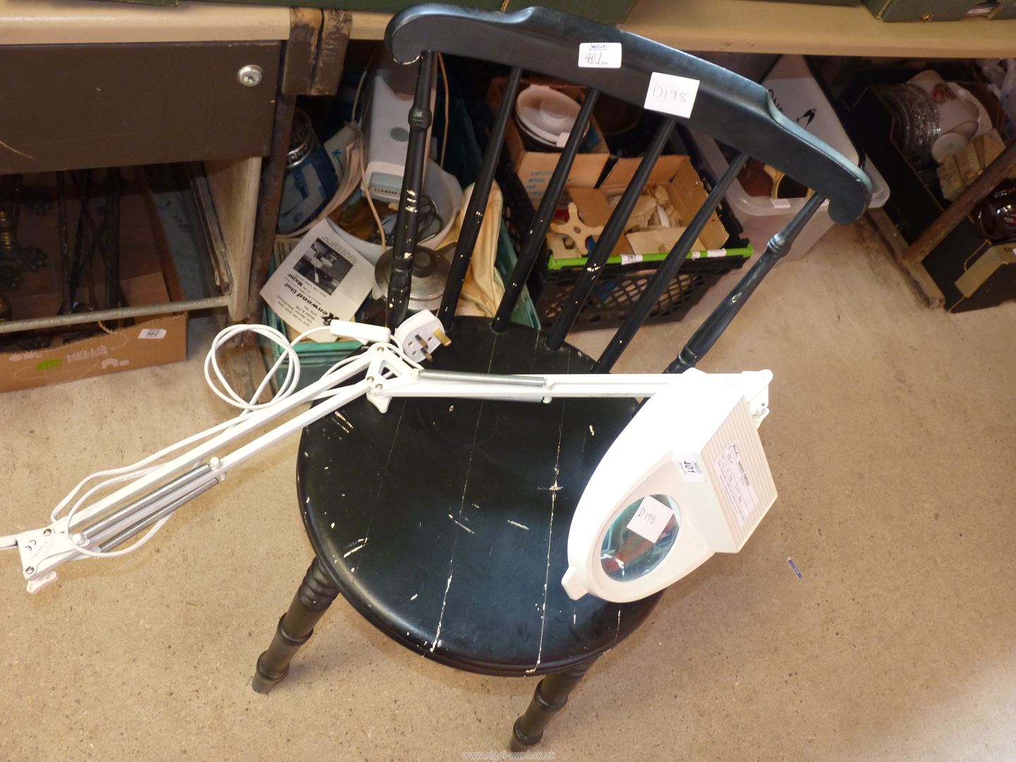 A Magnifying angle poise lamp and a black painted kitchen chair. - Image 2 of 2