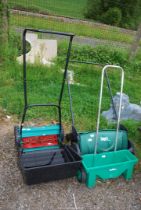 A Bosch AHM 38G push lawn mower with grass box, plus a Cooper's sweeper and a seeder.