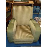 A striped green Draylon cushion arm chair.