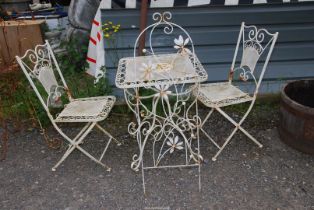 Wrought Iron table, 2' square x 28" high and chairs.