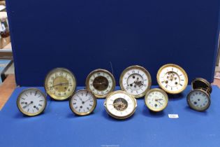 Nine quality brass French clock movements including makers Eugene Farcot, Japy & Co.