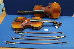 Two Czechoslovakian made Stradivarius Violins as found for repair or parts,