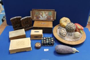 A quantity of miscellanea including treen boxes, 'library' bookends, lazy Susan with glass liners,