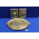 An Italian gilt oval tray, plus two small Oils on board of still life in gilt frames.