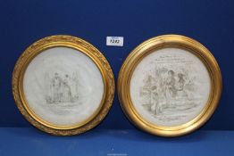 A framed circular, gilt framed pen and ink drawing of a couple standing in front of a fireplace,