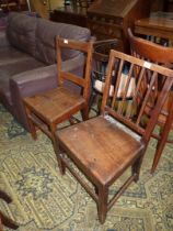 Two solid seated peg-joyned Oak Georgian kitchen Chairs.