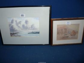 A small framed and mounted Watercolour depicting a Hong Kong Harbour scene along with a Seascape,
