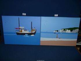 A pair of Oils on canvas, one depicting a fishing boat out at sea with dolphins,