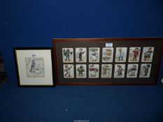 A wooden frame of 14 Victorian "Snap" playing cards and a framed illustration by Harriet Childe.