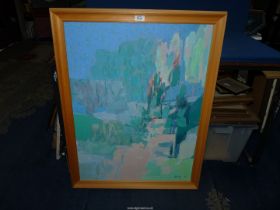 A large abstract or modernist Oil on board of a landscape of trees a house and figure standing,