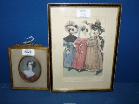 An early 19th Century oval painted miniature of a fashionable lady in a red possible velvet dress