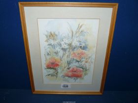 A framed and mounted Watercolour titled "Poppies and Daisies", signed lower right M.