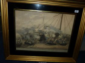 A large framed Maritime coloured etching "Boarding By a Man of Wars Boats" by I.H.